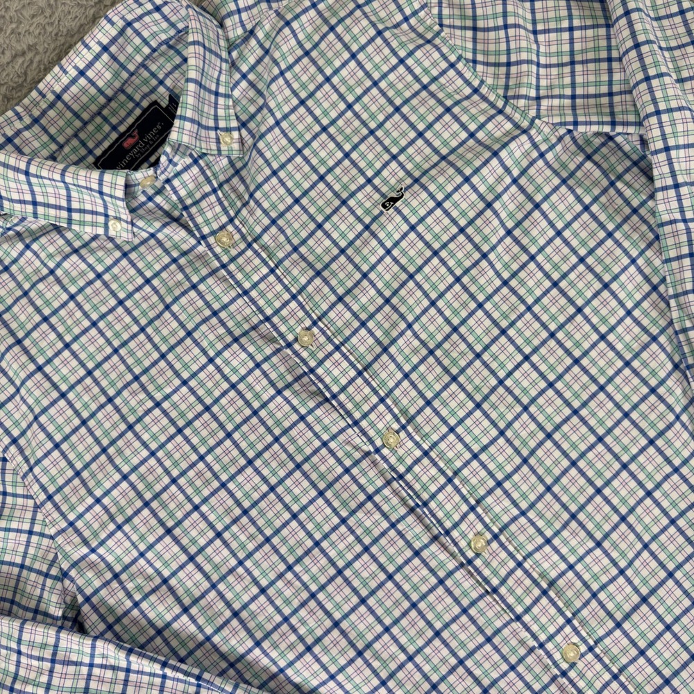 Vineyard Vines Whale Shirt Mens Large Blue Green‎ Pink Plaid L Stretch